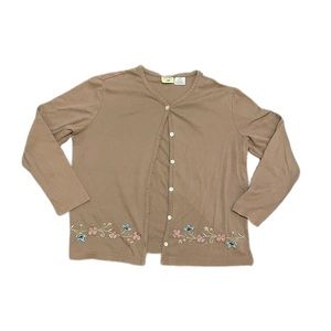 Essentials by Lee Brown Button Up Cardigan w a beautiful floral embroidery 🌼